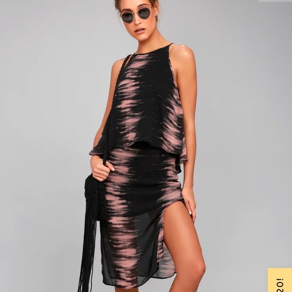 NWT Lulus Pink and Black Print Midi Skirt